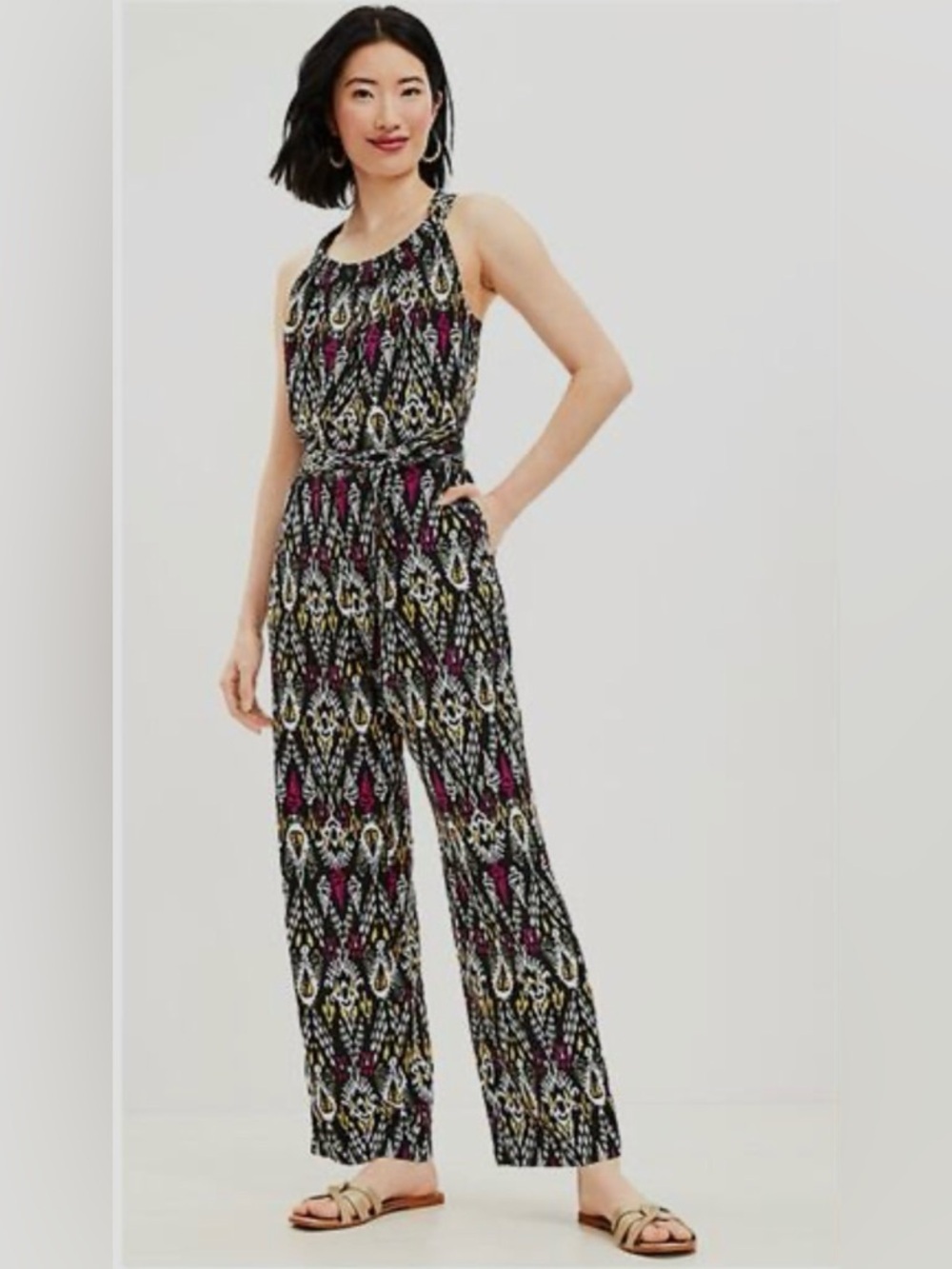 LOFT Black and Magenta Geometric Halter Jumpsuit